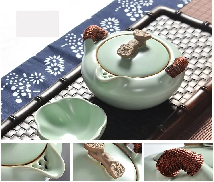 1 Pot 2 Cups Smoothness Ru Kiln Porcelain Tea Sets Celadon Teapot Cup Portable Travel Set Teaset Quik Teacup | Дом и сад
