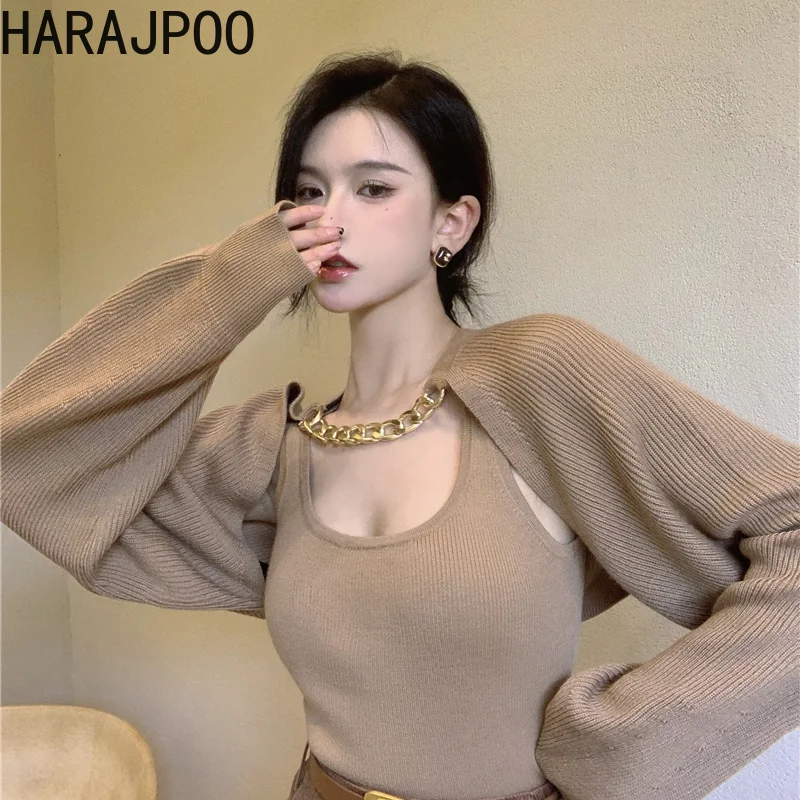 

Cardigan Harajpoo Woman Cropped Khaki Knitwear Sexy Chain 2021 Fall Korean Base Camisole High Waist Split Skirt Casual Ins Sets