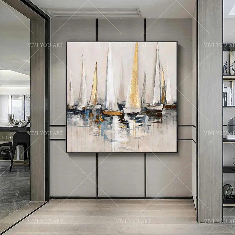 Настенная живопись большого размера 100% абстрактная Золотая фольга парусники