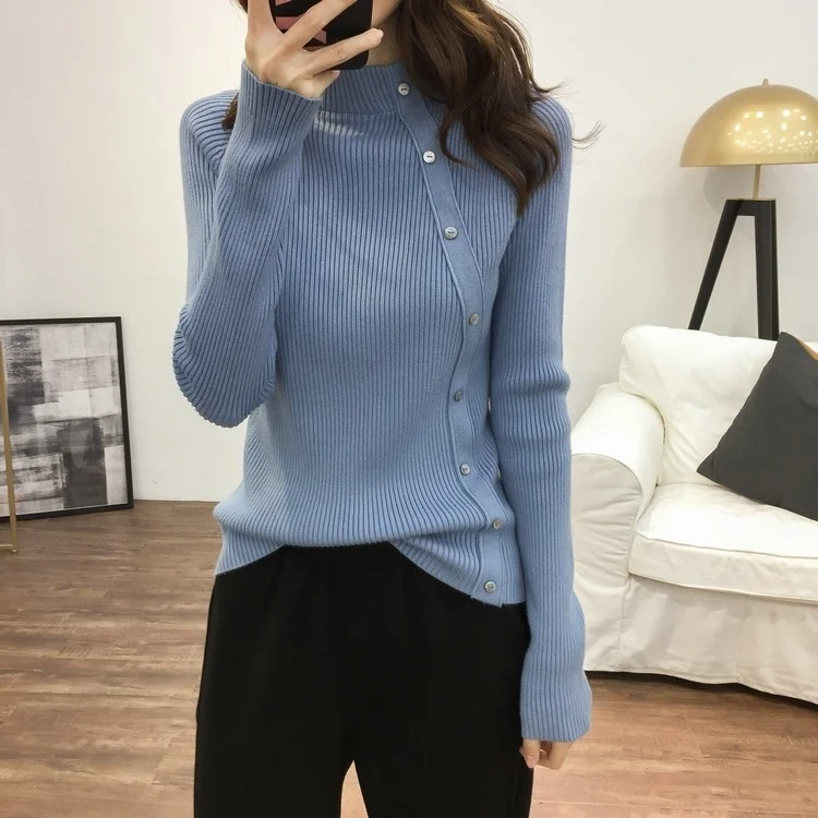 

strip button high neck sweater women's autumn and winter versatile elastic thin solid color long