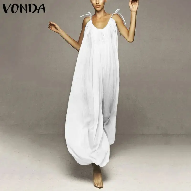 Fashion Female Wide Leg Pants Suspenders 2022 VONDA Women Loose Jumpsuits Summer Solid Rompers V-neck Elegant Overalls 