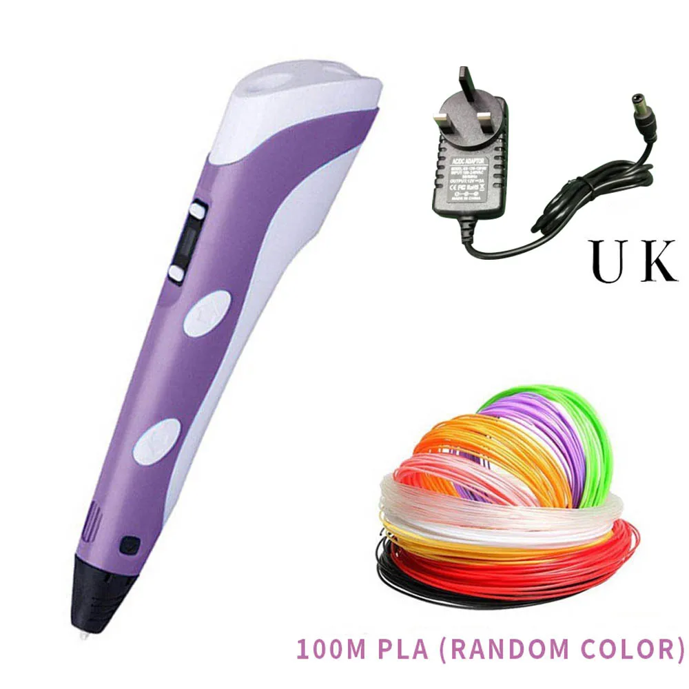 purple 100m UK Креативная 3d-ручка с PLA нитями, регулируемая температура, Нетоксичная ручка для рисования, детские подарки на день рождения, обучающая игрушка - Цвет: purple 100m UK