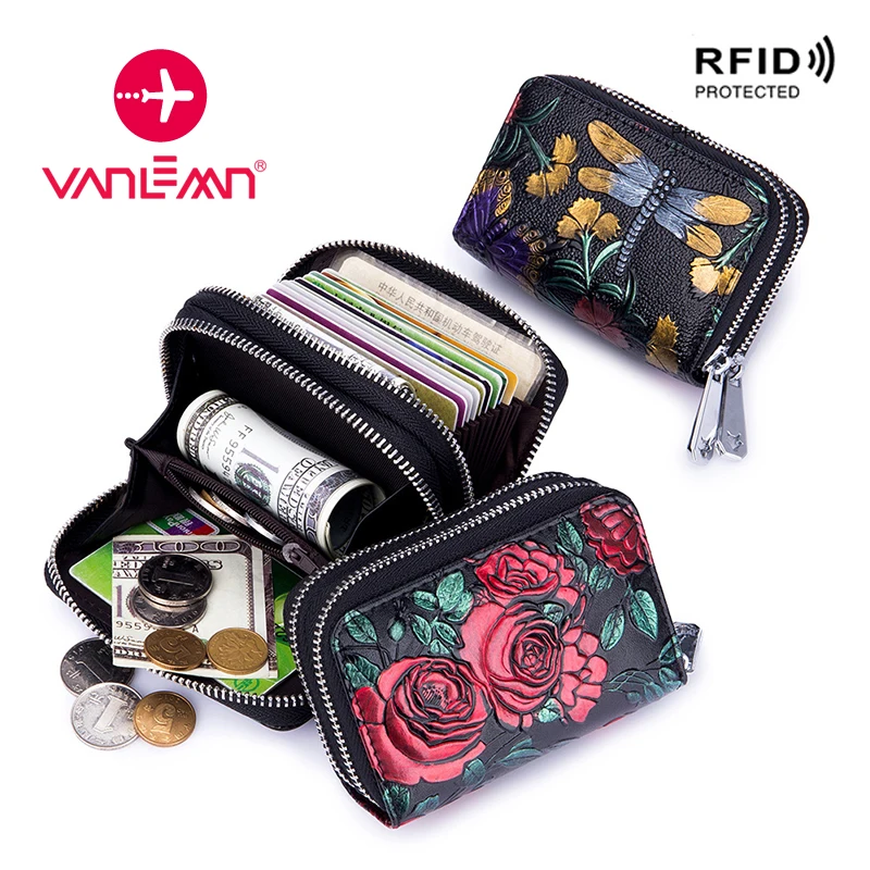 Rfid Business Card Holder Women Genuine Leather Card Wallet Ladies Coin Purse 3D Embossing Rose Clutch Double Zipper Cards Bag