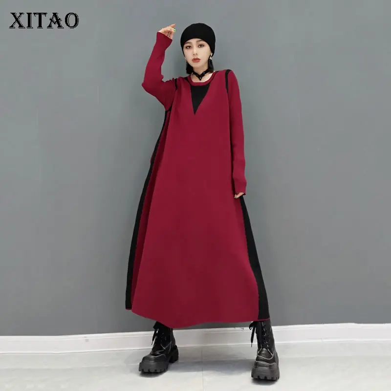 

XITAO New Long Knitting Dress Contrast Color Splicing O-neck Collar Fashion Casual Loose 2021 Autumn New Bog Hem Women GWJ0233