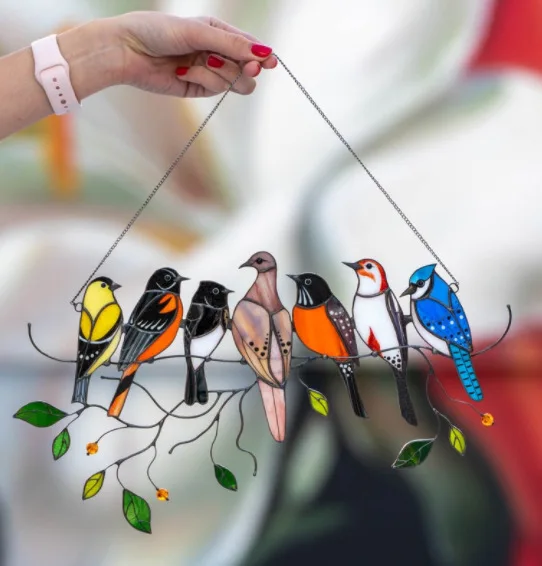 

Birds stained glass window hangings beautiful birds hanging decoration home decor seven birds and four bird unique gift for home