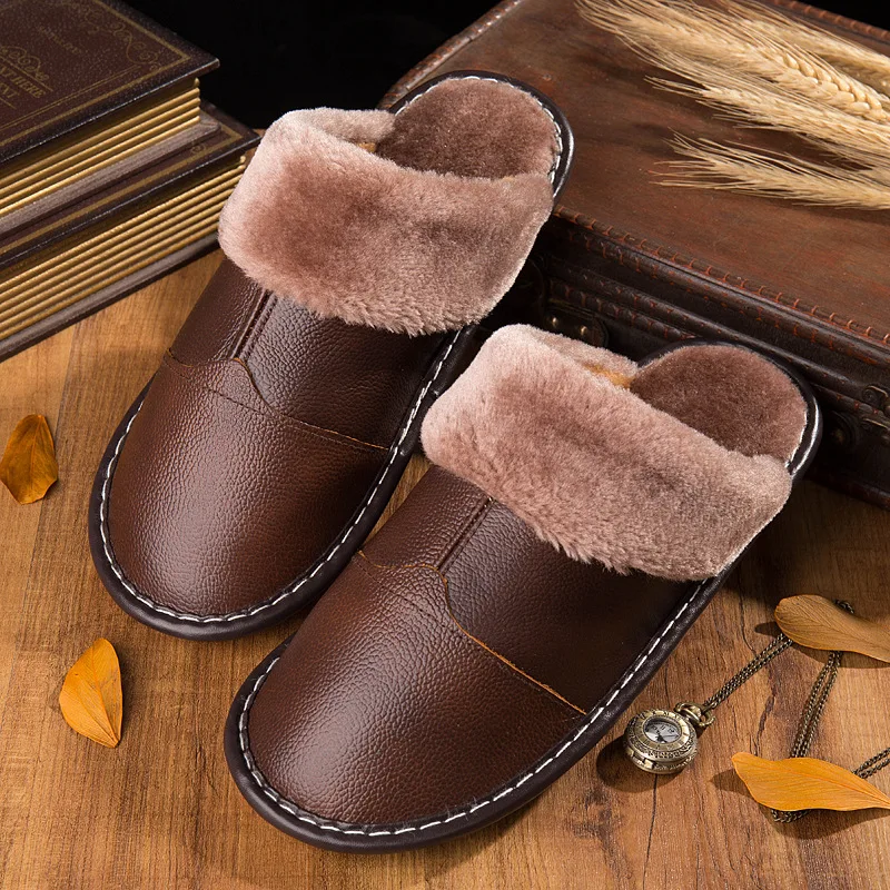 

Women Men New Winter Plush Warm Slippers Flat Home Cowhide Cotton Slippers Comfort Couples Shoes Sewing Slipper Chaussure Femme