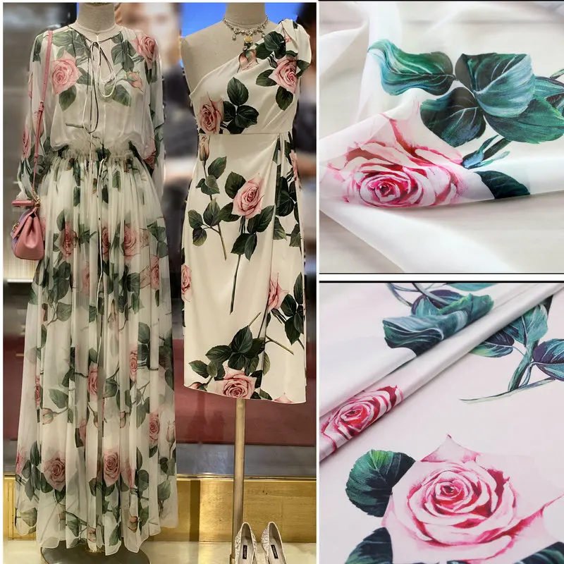 Белая роза цветы Печать полиэстер шифон и стрейч атласная ткань для платья DIY