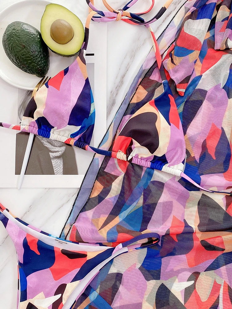 

Print Three-piece Suit Sexy Bikinis Push Up Bikini 2021 New Arrival Halter Bandage Swimsuit Low Waist Swimwear Women