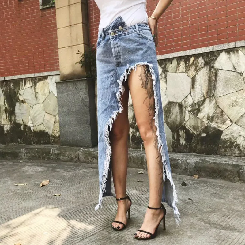 

Tassel Denim High Waist Skirt Women Loose Split Hollow Out Irregular Skirts Female Fashion New Clothes 2020 Summer