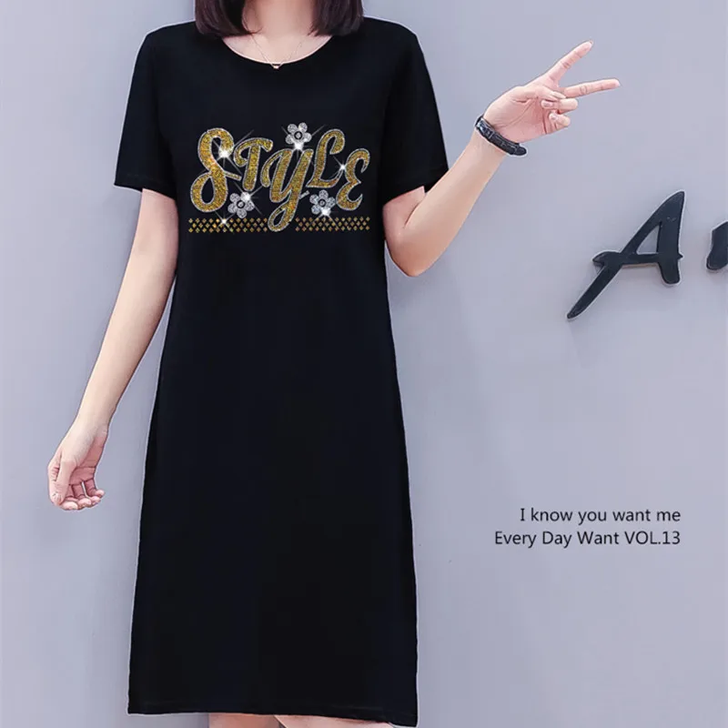 

Spring And Summer New Loose Office Lady Round Neck Short Sleeve Appliques T-shirt Large Size Knee-Length Fashion Casual Dress
