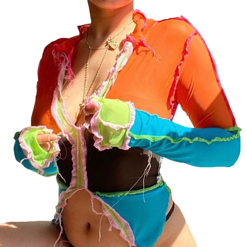 

Sexy Mesh See Through Women Crop Tops Long Sleeve Patchwork T Shirts deep V Neck Party Club Fashion Street Style Tee