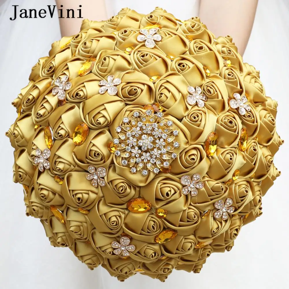 

JaneVini New Elegant Light Gold Wedding Flowers Bridal Bouquets Artificial Satin Roses Bouquet with Crystal 2020 Ramo De Novia