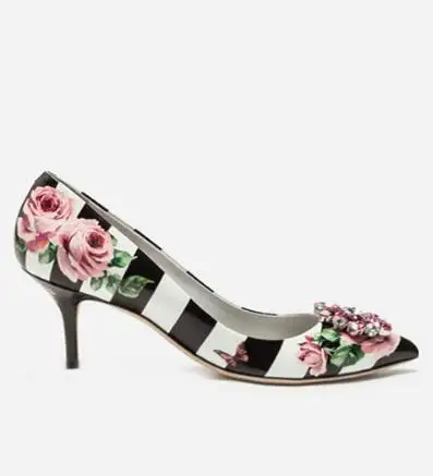stripe 5cm heel Роскошные свадебные вечерние туфли на высоком каблуке с цветочным принтом и блестящими кристаллами; женские туфли-лодочки на шпильке с острым носком; Каблук 5 см; Каблук 9 см - Цвет: stripe 5cm heel