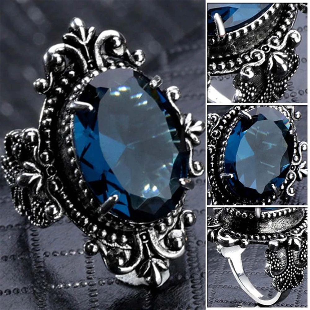 Женские Винтаж кольцо Aqua Blue гусиное яйцо полу-кольцо с драгоценным камнем