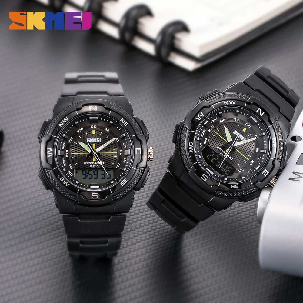 

SKMEI Dual Display Watch Men Sports Wristwatches Japan Quartz Digital movement 3 Time Chronograph Male Clock relojes para hombre