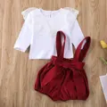 Одежда для новорожденных девочек Pudcoco, однотонные кружевные топы с рюшами и длинным рукавом, шорты на бретельках, комбинезоны, комплекты из 2 предметов, хлопковая одежда