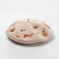 winter woman lady beret hat new mori rabbit squirrel leaves embroidered cashmere wool caps fashion warm french artist hat