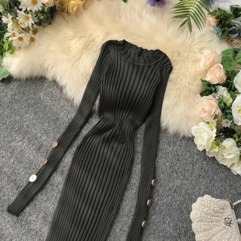 ALPHALMODA французское платье Популярные пуговицы рукав пуловеры туника платье вязаный свитер платье сплошное v-образным вырезом сексуальное платье шаг