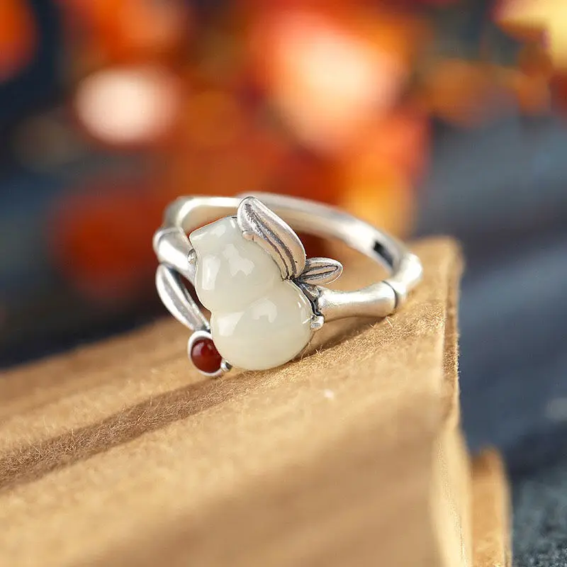 

Natural Hetian Jade Gourd S925 Sterling Silver Ring Lucky Fortune Ward off Evil and Have Good Luck Peaceful & Auspicious Gift Or