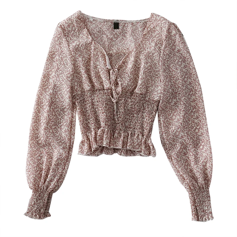 

Women's Vintage Floral Chiffon Shirt V-Neck Design Print Lantern Sleeves To Shrink Waist Spring Autumn Blouse Short Top