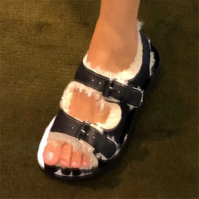 

Autumn/ Winter Sheepskin Fur Shearling Sandals Women Thick Sole Flat Platform Slippers Genuine Leather Casual Black Buckle Shoes
