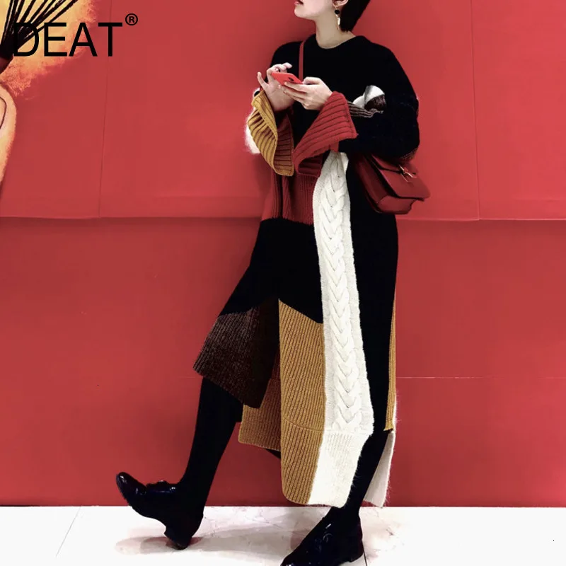 

DEAT Leisure O Neck Patchwork Contrast Color Full Sleeve Ankle Length Dresses Women Loose sweater 2021 Autunmn Winter New TD614