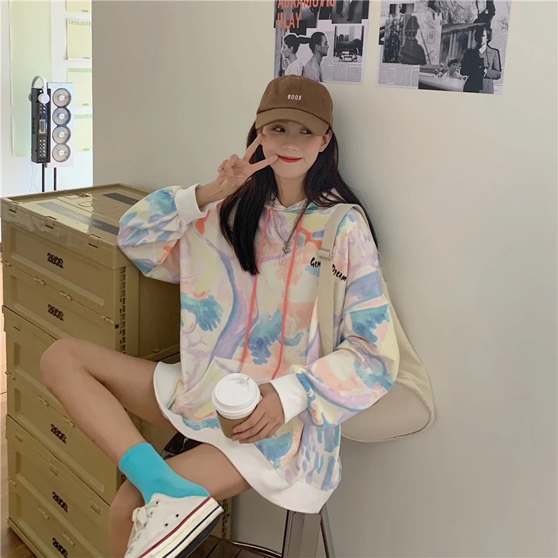 

HARAJPOO Woman Sweatshirt 2021 Spring New Tie Dye Loose Korean Style Ins Fashion Versatile Long Sleeve Hooded Female Hoodie Tide