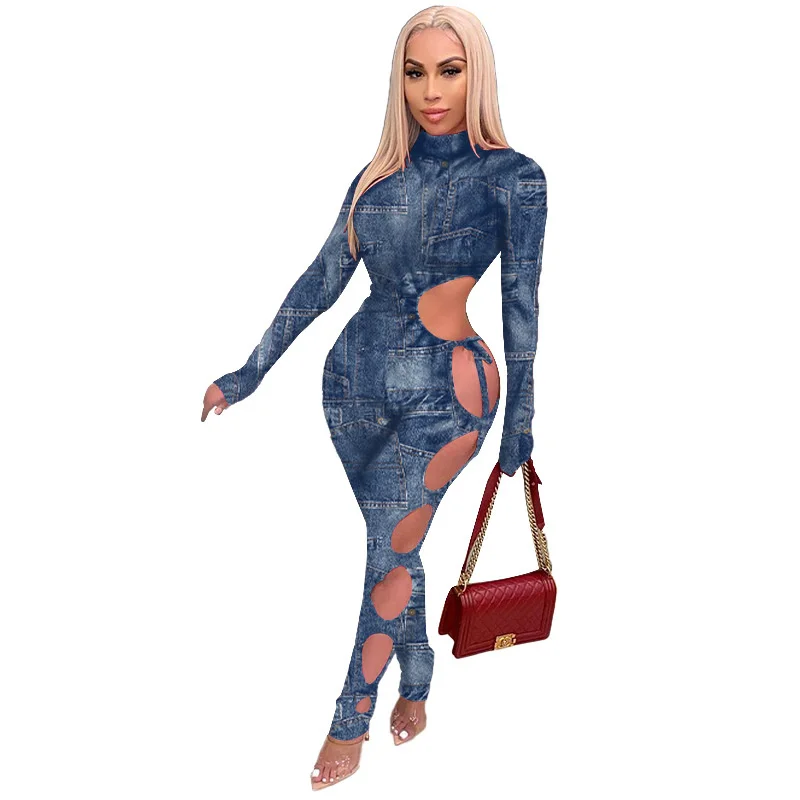

y Fashion Women's Sexy Imitation Denim Printing Unilateral Hollow Out Bandage Nightclub Casual One-piece Pants Camouflage Pants
