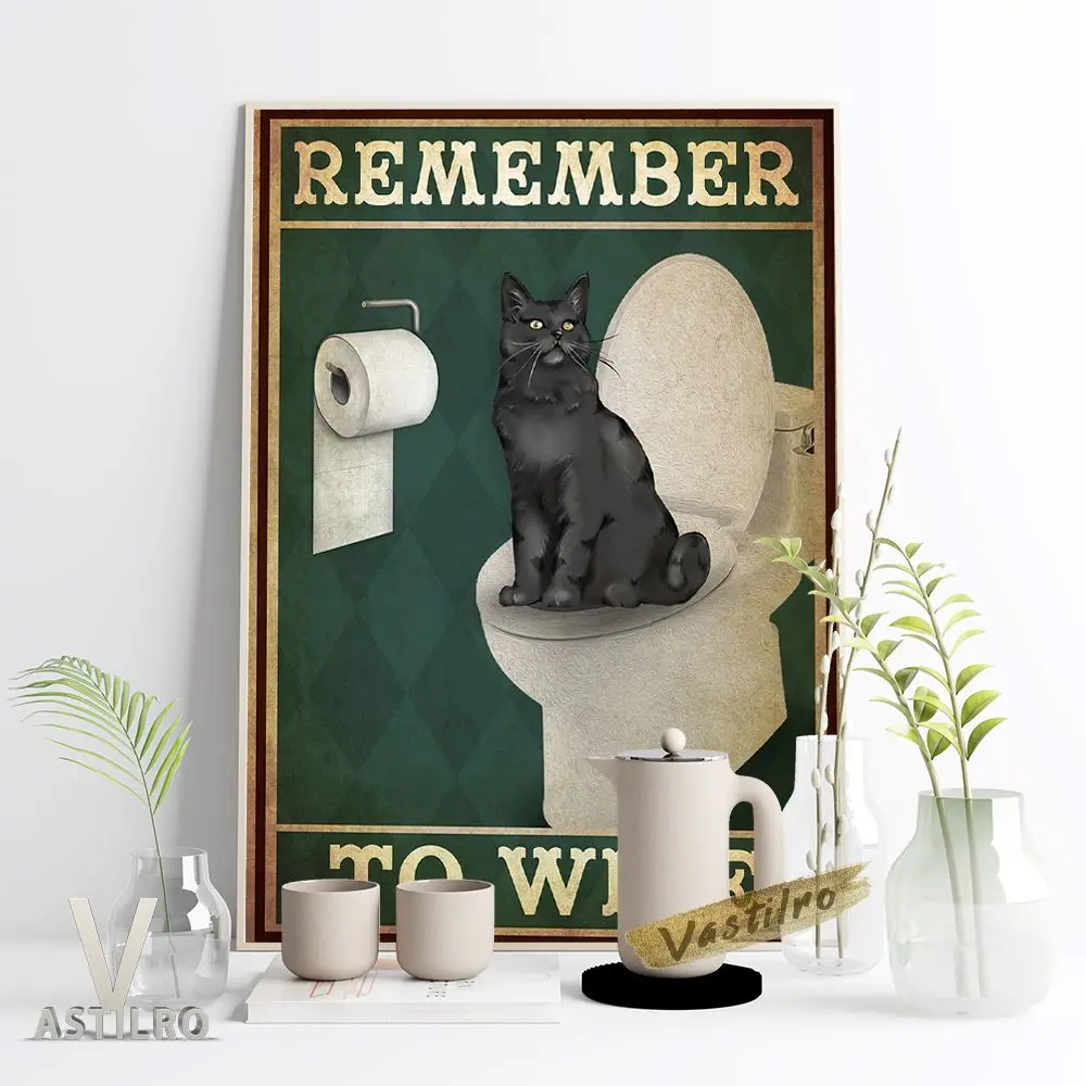 

Funny Toilet Vintage Prints Poster Remenber To Wipe Restroom Slogan Canvas Painting Black Cat Illustration Love Cats Gift Decor