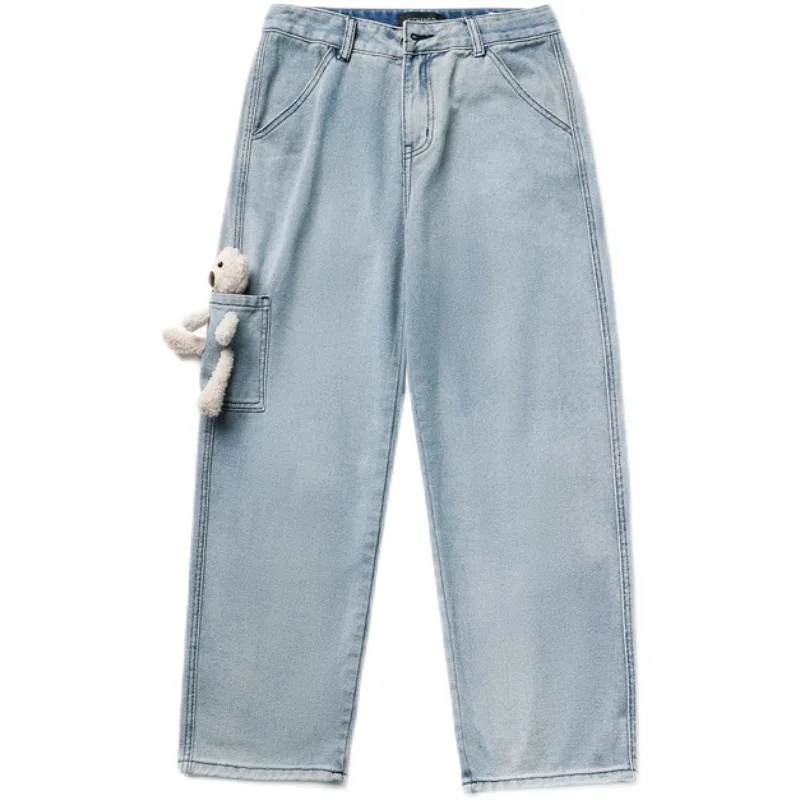 

Autumn Winter Jeans Men Casual Loose Wide Leg Pants Men BF Japan Korean Style Men's Straight Jeans Bear Denim Jeans Black Hombre