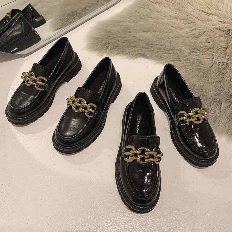 

MIYEDA Black PU Leather Loafers Women Oxfords Footwear All-match British Style Cool Metal Decoration Female Retro Shoes