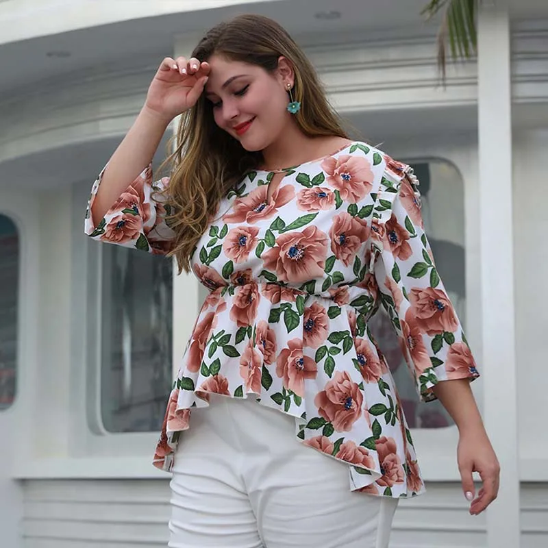 Женская футболка WHZHM с оборками и цветочным принтом размеры до 4XL|Футболки| |