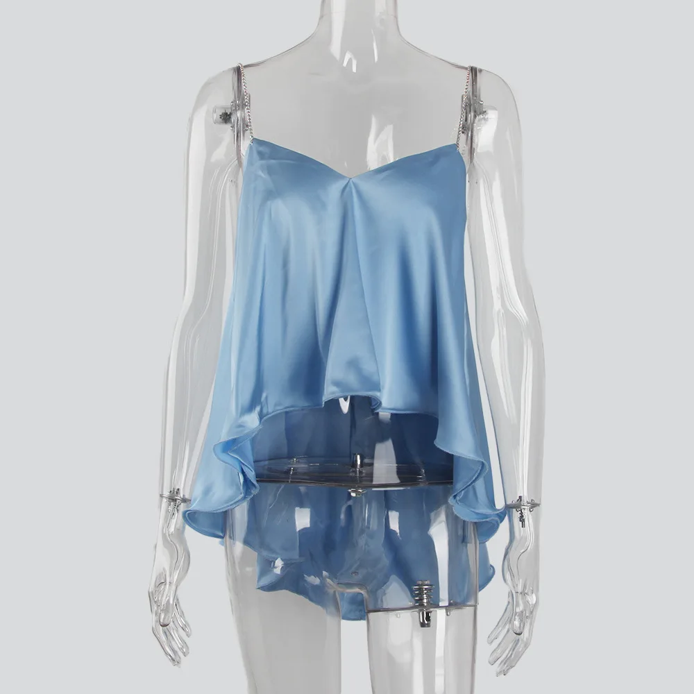 

Womens Solid Color Crop Top Sexy Spaghetti Strap Backless Cami Female Summer Loose Ruffle Sleeveless Tops Casual Satin