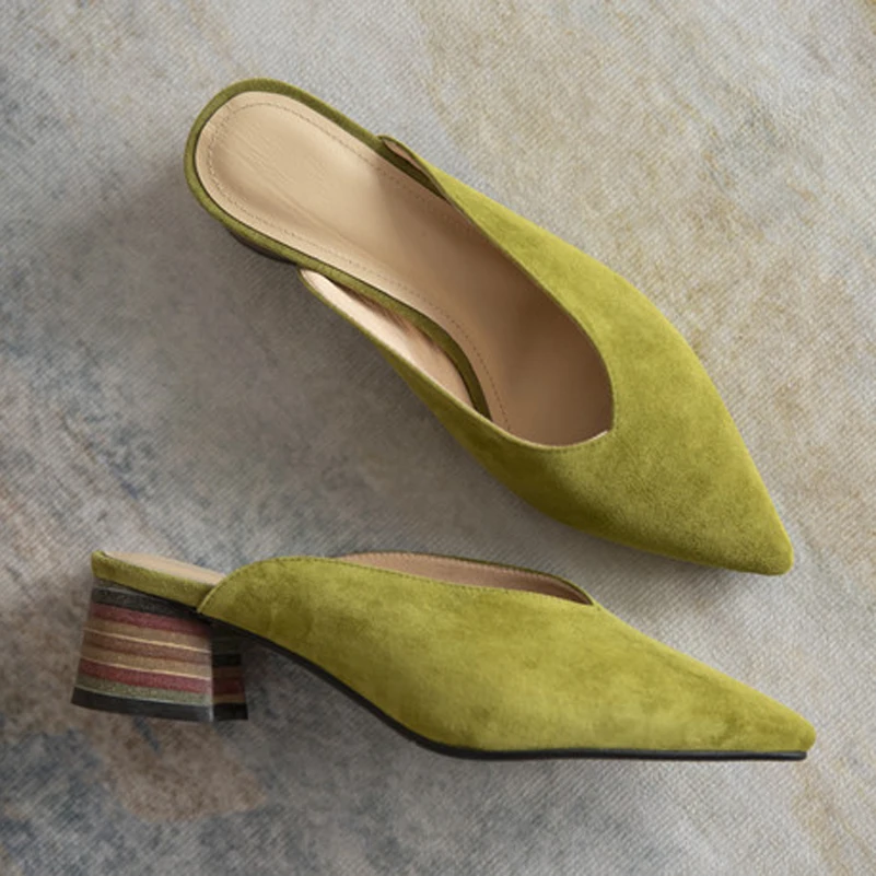 

ANNYMOLI Block Heel Women Mules Shoes Genuine Leather Kid Suede Med Heels Pumps Shallow Pointed Toe Ladies Footwear Spring Green