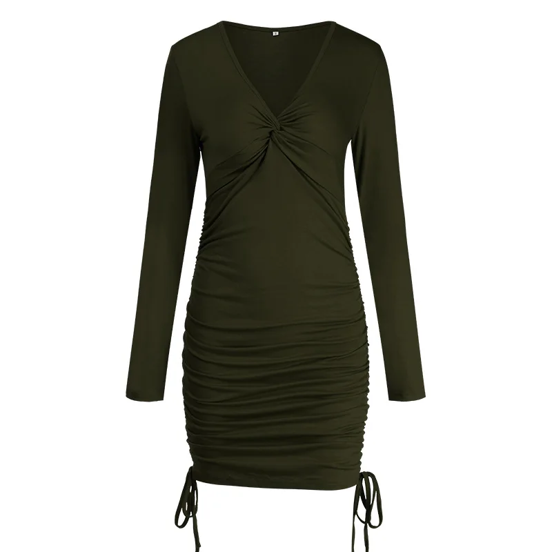 

Women Dress Autumn 2021 New Long-sleeved V-neck Sexy Slim Mini Dress Fashion Solid Color Dresses Vestido Feminino Donsignet