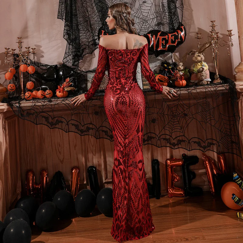 

Sladuo 2021 New Summer Off Shoulder Sequins Dress Women Sexy Long Sleeve Mermaid Celebrity Evening Runway Club Party Dresses