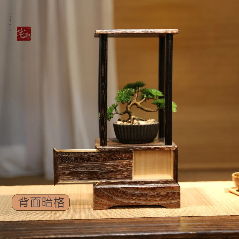 

Solid wood Japanese pot stand Tea ceremony decoration Burning tong wood storage box Creative dark grid porch flower stand
