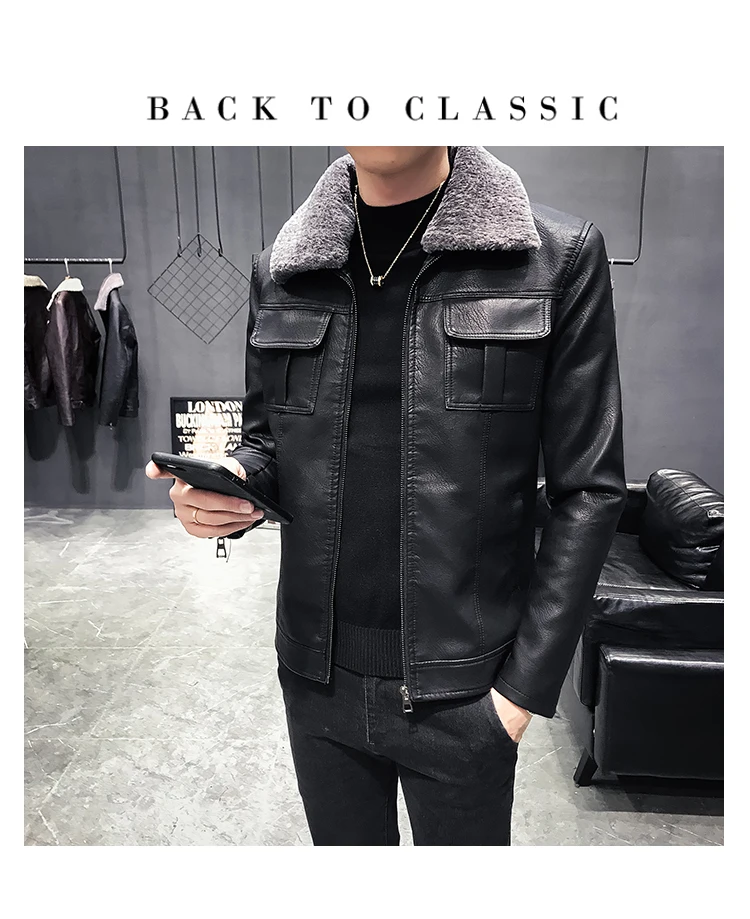 Модные мужские кожаные куртки с меховым воротником Slim Fit Chaqueta Marron Hombre кожаные куртки Мотоциклетные Куртки мужские Deri Ceket