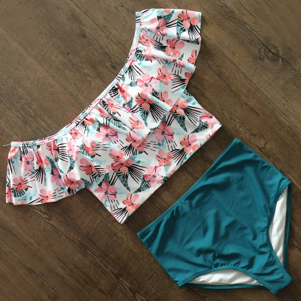 

High Bikini Belt 2020 New Female Swimsuit Impression Flounce Shoulder Strap Floral Beach Wear Bikini Swimwear Women