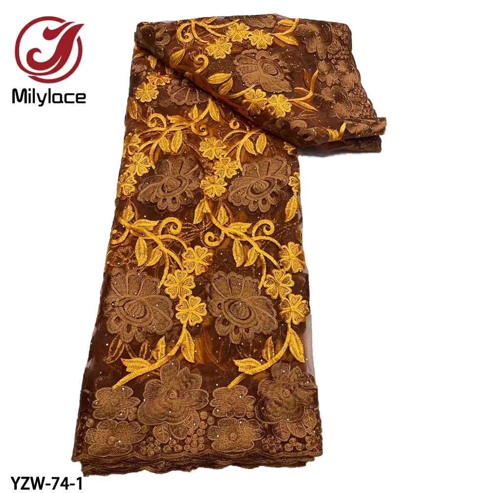 

Latest African Net Lace Fabric with Rhinestones Embroidery French Tulle Lace Fabric for Nigeria Women Dress YZW-74