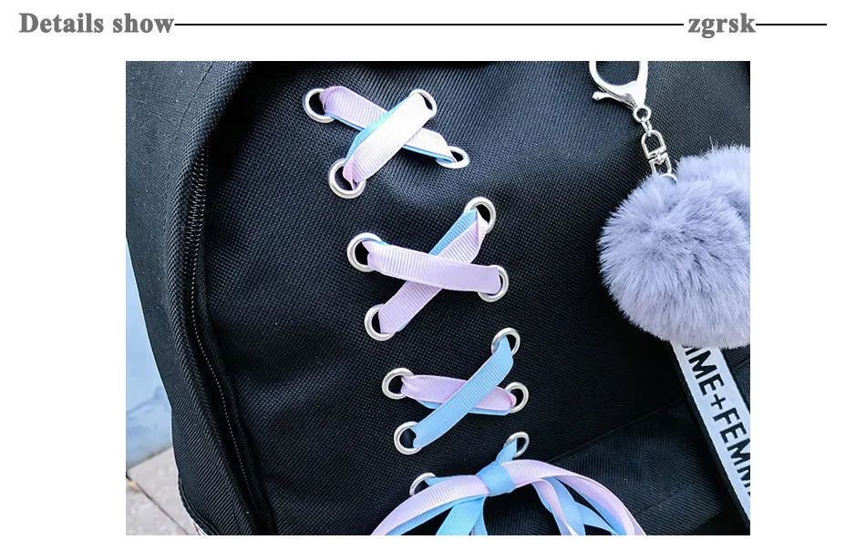 Цепь USB рюкзак Для женщин Холст 5 шт./компл. Для женщин рюкзак для девочек-подростков рюкзаки сумки через плечо женские школьные сумки с кисточками