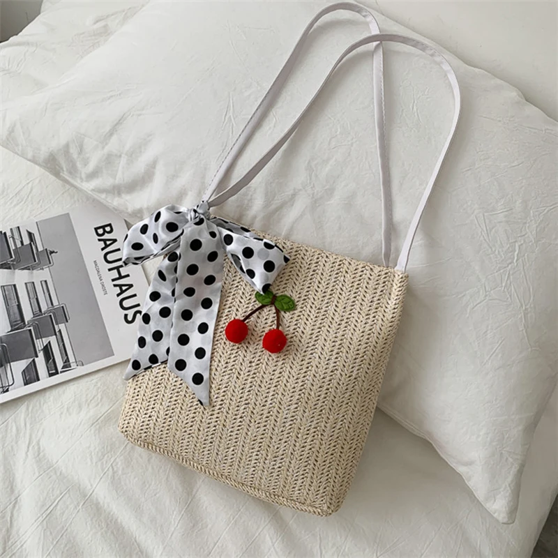 

Handmade Wicker Shoulder Bag Cherry Rattan Tote Bag Summer Beach Bag Women Bag Woven Handbag Fashion Cute Durable With Ribbons