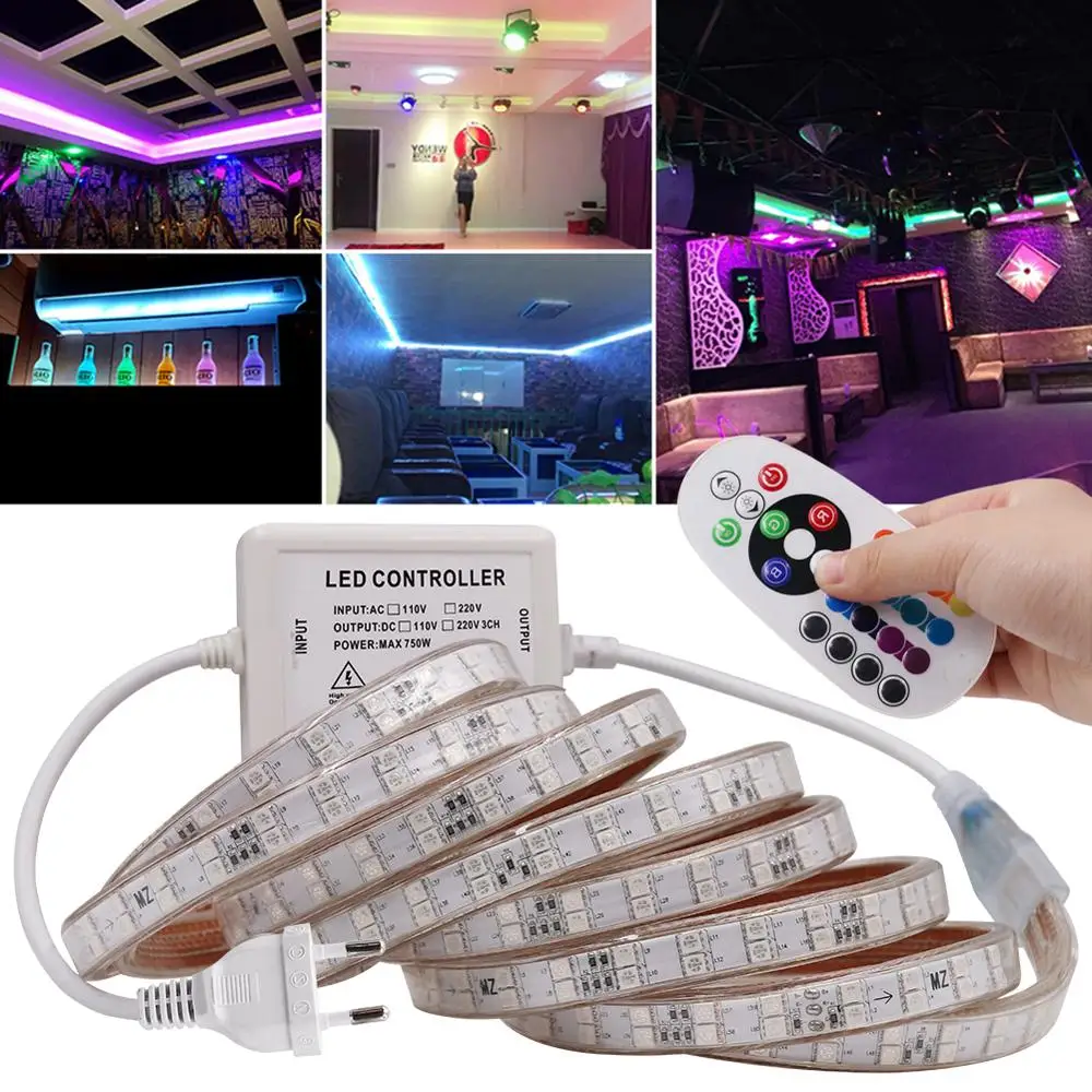 5050 RGB LED Strip Light AC 220V Waterproof + 24Key Remote Double Row 120LEDs/m Led Tape Rope For Home Decoration | Лампы и освещение