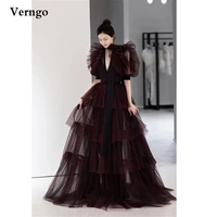 verngo elegant dotted tulle a line layered skirt prom dresses with puffy half sleeves v neck floor length evening gowns
