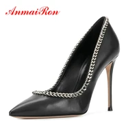 anmairon 2020 elegant pumps women shoes basic pointed toe slip on thin heels pu women heels fashion chain ladies shoes 34 43