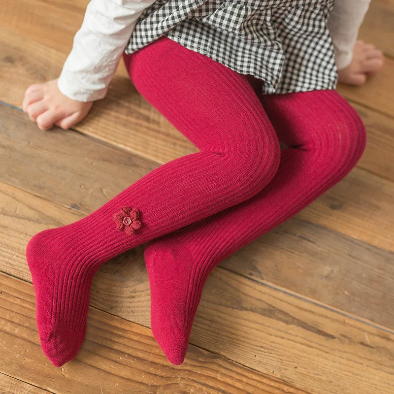 Осенние детские колготки хлопковые носки вязаные для девочек белые с цветочным