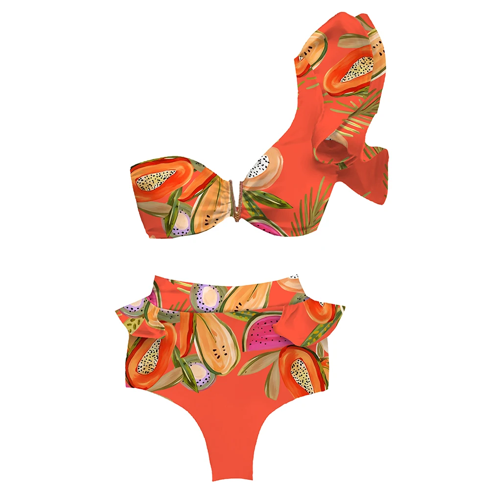 

2021 New High Waisted Bikini Set V Neck Women's Swimwear Printed Bikinis Swimsuit Ruffle Sleeves Swimming Suit Female Bath Suit