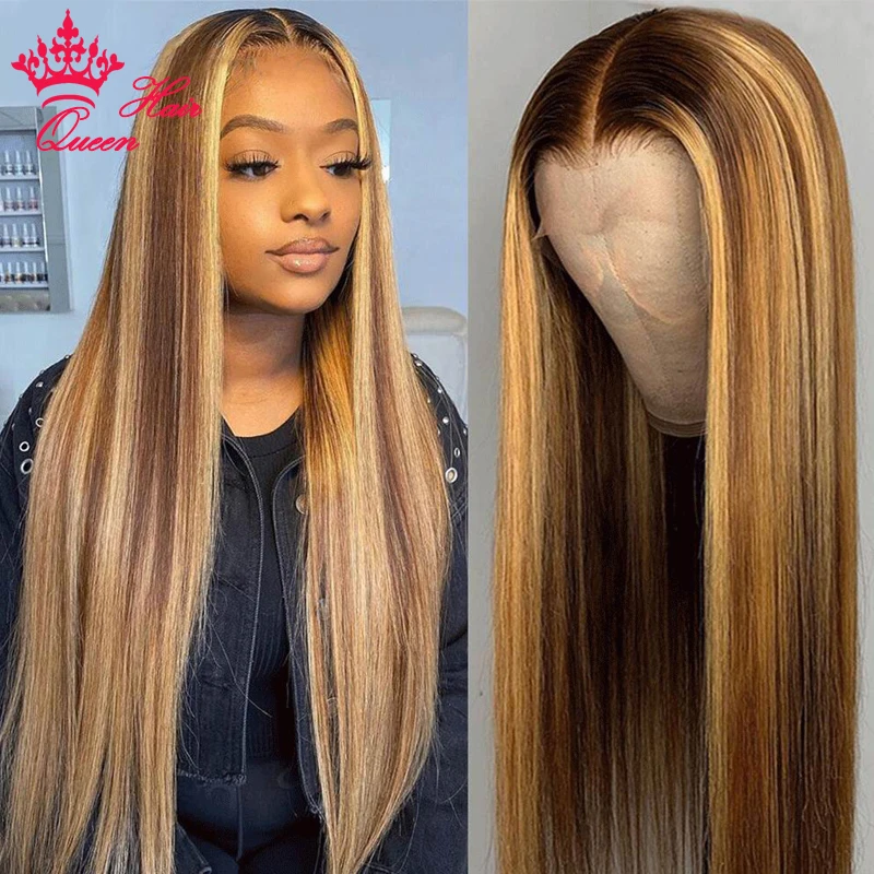 Queen Hair Products Highlight Colored Human Hair Wigs Brazilian Straight T Part Lace Wig Pre-Plucked Remy Hair Ombre Lace Wig