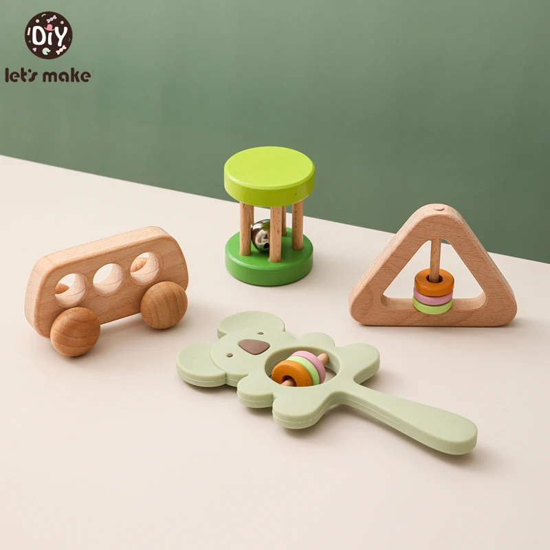 

Let's Make 4pcs Baby Montessori Toy Animal Rattle Cute Beech Wooden Ring Bed Bell Child Play Gym Wooden Teething Toys
