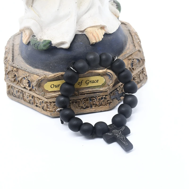 

QIGO Christ Jesus Cross Bracelets Wood Beads Strand Bangles For Men Women Religious Jewelry